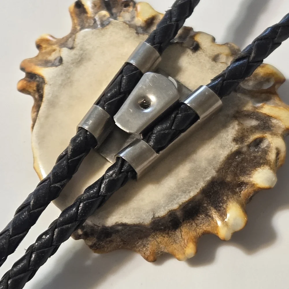 vtg antler bolo tie with buffalo head nickle tourqoise and coral leather cord